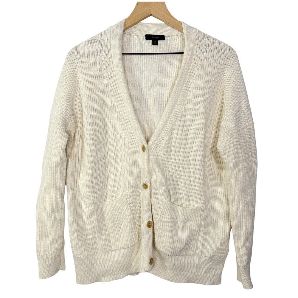 JCrew Womens XS Cream White Cotton Cashmere Ribbed V-Neck Cardigan Sweater